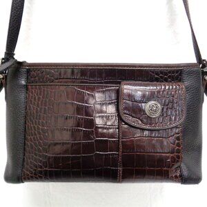 VTG BRIGHTON Organizer Black & Brown Leather Croc Embossed Shoulder Bag Purse